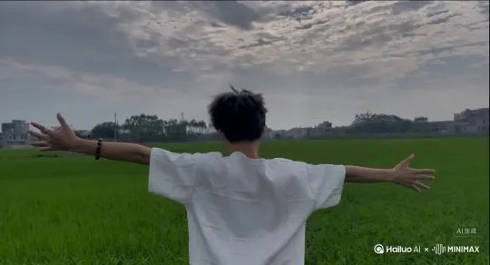 关键词帮我生成一个视频：让图片中的场景动起来，人物变成无数红色颗粒消失在视频中，向右吹走，原比例。比例 16:9，时长 5s，模型 高品质 by Hailuo AI Video Generator