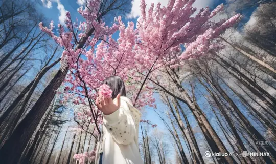 主体人物身上变出一大些微小深红色花瓣，花瓣向右边以慢慢分解一些花瓣到快速分解全部扩散主体人物身体，随之从四肢开始逐渐瓦解，化作无数红色粒子轻盈飘散，最终人物完全消失在漫天飞舞的花瓣中，人物完全消失，写实风格电影光效 by Hailuo AI Video Generator