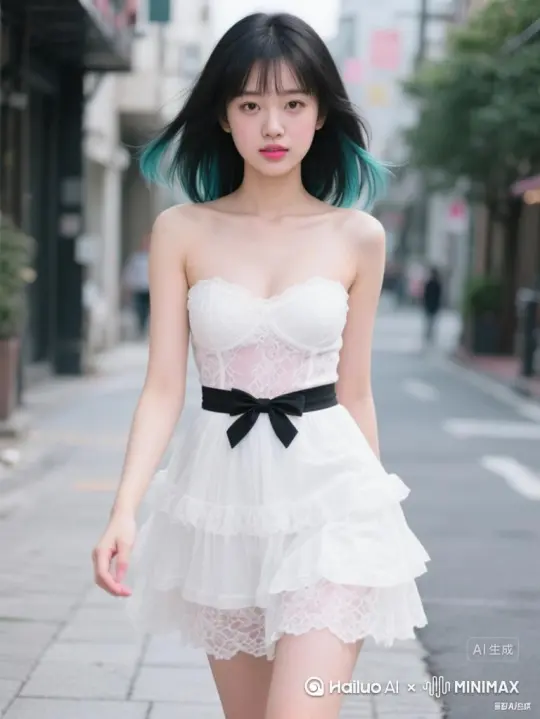 女孩穿着白色蕾丝裙转圈，黑色蝴蝶结裙摆随风飘动，蓝黑挑染长发轻轻扬起，撒娇地对着镜头轻笑眨眼，背景行人穿梭于现代都市街道，[推进]，镜头展现灵动俏皮的时尚氛围。[左移,右摇,跟随] by Hailuo AI Video Generator