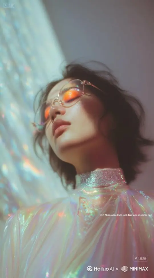 [左移,右摇,跟随]镜头环绕，女孩酷酷的站着，眼神看向右方，镜头在环绕的左边以后，女孩看向镜头，抬手抚摸一下眼镜腿。衣服上的装饰流光华丽。背景的光影变幻，具有强烈的电影感，黄金时刻拍摄 + 温暖橙黄色调 + 长阴影横跨画面 + 柔和逆光勾勒轮廓 + 空气中飘浮细小尘埃粒子 by Hailuo AI Video Generator