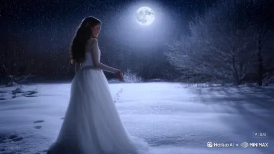 - 核心元素：雪夜、月光倾泻、白衣美女、雪花飘落、抬手接雪、发丝沾雪、眼神清冷、月下独舞、脚印覆雪、光晕勾勒轮廓
 
- 情绪氛围：静谧、唯美、略带孤寂、空灵、浪漫
 
- 动作细节：转身回眸、雪落肩头、仰望月光、指尖触月（光影互动）、裙角扫过雪地
 
- 场景意象：枯枝挂雪、月光映雪面、脚印渐远、雾气呵手、发丝与雪花共舞 by Hailuo AI Video Generator