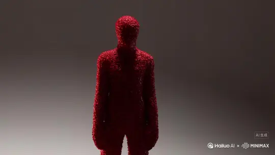 主体人物身上变出一大团微小深红色花瓣，花瓣向外爆炸式扩散，主体人物身体随之从四肢开始逐渐瓦解，化作无数红色粒子轻盈飘散，最终人物完全消散在漫天飞舞的花瓣中，人物完全消失，写实风格，电影光效 by Hailuo AI Video Generator