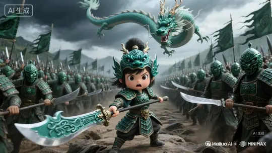 [推进,上升]主角双手高举手中大刀，士兵们朝着镜头方向快速行军，旌旗随风飘扬，巨龙慢慢朝镜头方向移动，展现百万军团的震撼 by Hailuo AI Video Generator