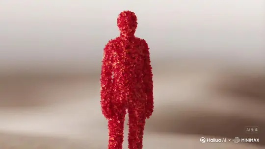 让图片中的场景人物动起己来人物变成无数红色的花瓣消失在视频中向右吹 by Hailuo AI Video Generator