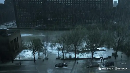 提示：目前暴雨红色预警，请广大市民密切关注天气变化，非必要不外出，不要在低洼路段停放车辆。远离河道提防洪水。 by Hailuo AI Video Generator