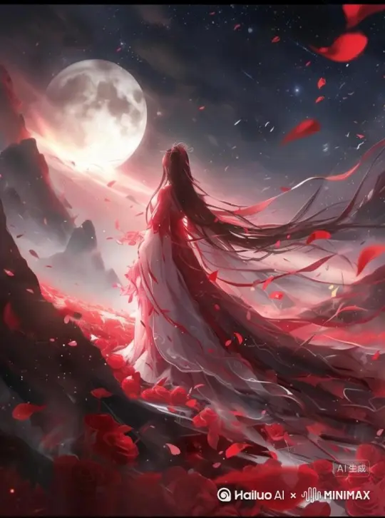 帮我生成一个视频：让图片中的场景动起来，人物变成无数红色颗粒消失在视频中，向右吹走 by Hailuo AI Video Generator