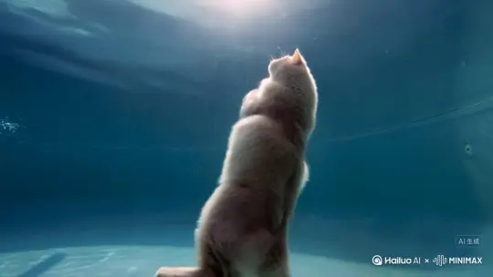 当空翻的弧线抵达顶点，猫轻盈收拢四肢如离弦之箭俯冲而下。入水刹那，粉红肉垫率先破开水面，溅起的水珠如碎钻悬浮空中，而身体却像刀刃滑入丝绸般平滑。水面仅泛起一圈涟漪，仿佛被猫尾轻轻点化的魔法纹路——这分明是顶级跳水选手的"零水花"秘技，却被它用绒毛覆盖的躯体演绎出新的诗意。

水下的慢镜头更显惊艳：被气泡包裹的猫伸展腰肢，爪尖勾出芭蕾舞者般的绷直线条，蓬松尾巴如螺旋桨优雅搅动水流。阳光穿透池底，在它琥珀色的瞳孔里折射出星芒，每一根飘动的胡须都丈量着水流的速度与力度。此刻它不再是陆地猎手，而是化身人鱼与飞鸟的混合体，用液态的舞台证明：重力，从来困不住真正的优雅。 by Hailuo AI Video Generator