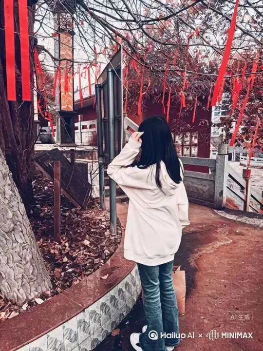 帮我生成一个视频：让图片中的场景动起来，人物变成无数红色花瓣消失在视频中，向右吹走 by Hailuo AI Video Generator