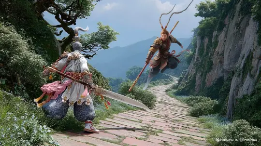 武士冲向空中，拿着大刀与拿着金箍棒的孙悟空在空中激烈打斗，你来我往，不限格斗招数，不限格斗运镜，激烈打斗，东方神话美学， --ar 16:9 --style expressive by Hailuo AI Video Generator