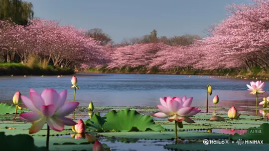 两边河岸种满桃花，河边是荷花盛开 by Hailuo AI Video Generator