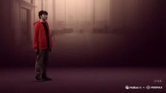 让图片中的场景动起来，人物变成无数红色颗粒加红色烟雾消失在视频中，向右吹走，原比例。比例 16:9，时长 5s，模型 高品质 by Hailuo AI Video Generator