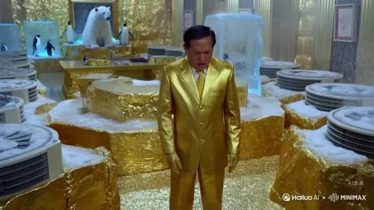 一个校长身上全部穿着金子的衣服从吹着800万个的空调的用纯金子块做的校长室里的北极熊和企鹅都冻冰块了，然后校长用中文说:“太热了″ 然后中暑死了 by Hailuo AI Video Generator
