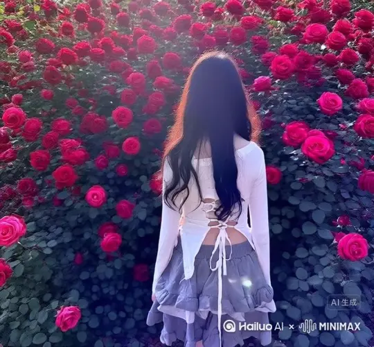 主体人物身上变出一大团深红色玫瑰花瓣，花瓣向外爆炸式扩散，主体人物身体随之从四肢开始逐渐瓦解，化作无数红色粒子轻盈飘散，最终人物完全消散在漫天飞舞的花瓣中，人物完全消失，写实风格，电影光效 by Hailuo AI Video Generator