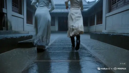 镜头始于古朴晋商大院的青石板路,淅淅沥沥的小雨正落下,雨丝细密,打湿石板表面,映出周围灰瓦高墙的朦胧倒影。镜头随着脚下被雨水浸润得油亮的青石板缓缓向前推进,路面偶有积水,泛起细碎涟漪。
推进中镜头逐渐微微上移,视角从专注于石板的局部,慢慢抬升至能瞥见大院飞檐翘角的轮廓,雨雾让建筑线条更显柔和古朴。
此时,一阵空灵清澈的女孩笑声从前方传来,轻脆如风铃穿透雨幕。镜头尚未完全捕捉到面容时,两个身着清汉女服饰的背影一闪而过——左侧身影衣袂素雅,右侧身影的服饰细节中隐约可见西式元素(如裙摆剪裁、领口暗纹),暗示其留洋背景。两人步伐轻快,身影很快消失在回廊拐角,只留雨声与余韵在院中回荡。
运镜核心:以青石板为引导的缓慢推进+自然上移,配合声音先于画面的沉浸感,突出古朴环境与灵动瞬间的对比。 by Hailuo AI Video Generator