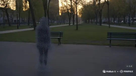 帮我生成一个视频：让图片中的场景动起来，人物变成无数灰色颗粒消失在视频中，向右吹走，原比例。比例 16:9，时长 5s，模型 高品质 by Hailuo AI Video Generator
