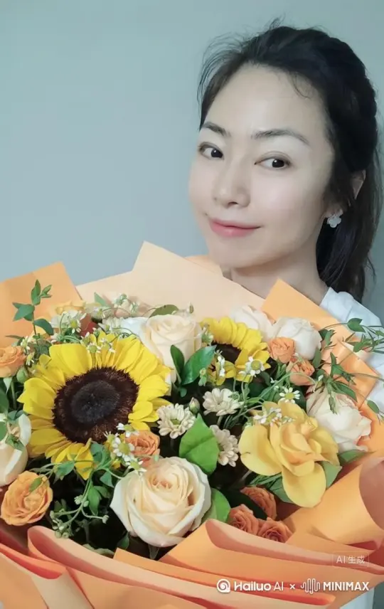 生成图片中人物和花束   以绿色水晶碎石消失的特效视频 by Hailuo AI Video Generator