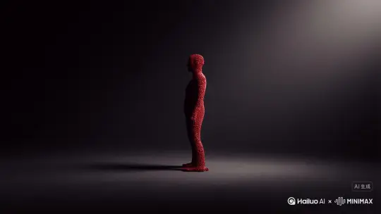 让图片中的场景人物动起来，人物变成无数红色花瓣消失在视频中向右吹走原比例，人物粒子化消散，特效主体人物变成粒子颜色为深红色，向外爆炸式扩散，写实风格，电影光效果[左移,推进,右摇] by Hailuo AI Video Generator