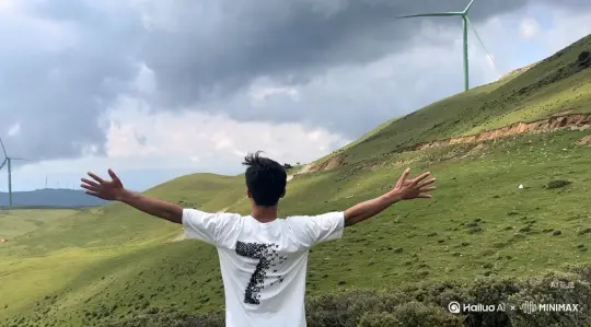 帮我生成一个视频：让图片中的场景动起来，人物变成无数粉色沙尘消失在视频中，向右吹走（沙尘数量只在人物中慢慢涌出，然后消失）原比例，模型，高品质[右移,左摇,跟随] by Hailuo AI Video Generator
