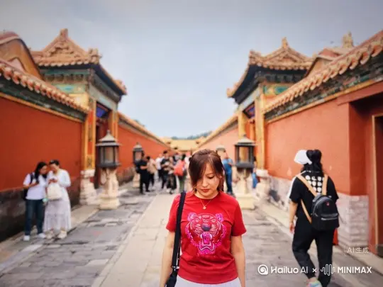 [推出,上升,下摇]让图片中的场景动起来，人物身体分解成红色的云雾离子向左右炸开，变成很厚的无数红色花瓣消失在视频中，向右吹走，（红色花瓣数量只在人物慢慢中涌出，然后消失）原比例。 by Hailuo AI Video Generator