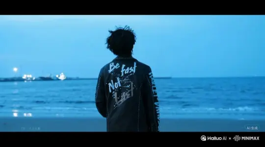 帮我生成一个视频：让图片中的场景动起来，人物变成无数蓝色花瓣消失在视频中，向右吹走（花瓣[右移,跟随]数量只在人物中慢慢涌出，然后消失）原比例，模型，高品质 by Hailuo AI Video Generator