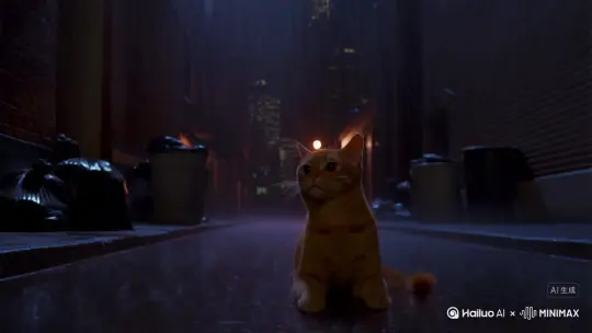流浪橘猫小橘在雨夜被闪电击中后，意外获得了变成人类的能力，但保留着猫耳和尾巴等特征，成为半猫半人的特殊存在。 by Hailuo AI Video Generator