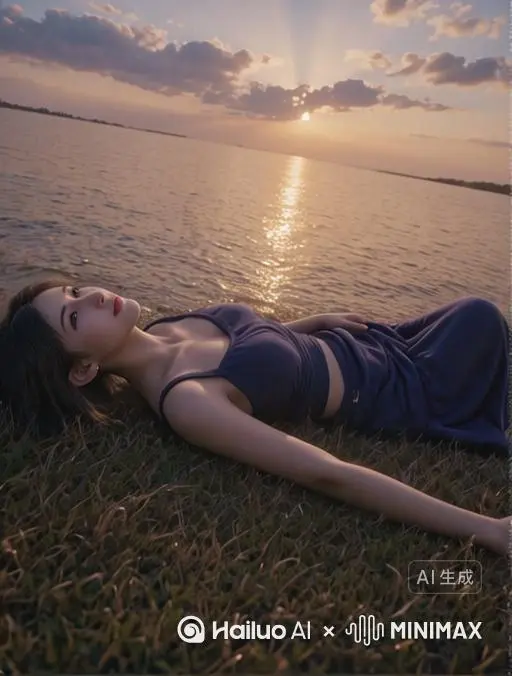 一个身穿深蓝色颜色长裙，露肩抹胸的女孩躺在草地上，在落日夕阳下，倾斜构图，女子以深情优雅的双眼看着天空享受这一刻，海风吹拂到人物脸庞，头发在人物脸上拍打，长裙随风飘扬，绿草摇晃，海面波光粼粼，营造出一种超现实的唯美大片。深蓝色花瓣从人物主体的边缘处以爆炸式扩散，由外向内，就像纸张燃烧到中心爆炸式的深蓝色花瓣冲击画面，迸发剥离主体人物，花瓣随后向一阵微风随爆炸飘散在空中后消散，迸发的花瓣就像爆炸艺术效果一样。爆炸瞬间性剥开主体人物，同时只留下一丝存在过的痕迹消散在空中，人物静态消散。主体人物从清晰的实体形象转变为短暂易逝的存在，在现实与崇高之间制造出强大的张力，凸显出转瞬即逝。强化雾气消散效果增强真实感，粒子增强，爆炸式极具画面冲击美感 by Hailuo AI Video Generator
