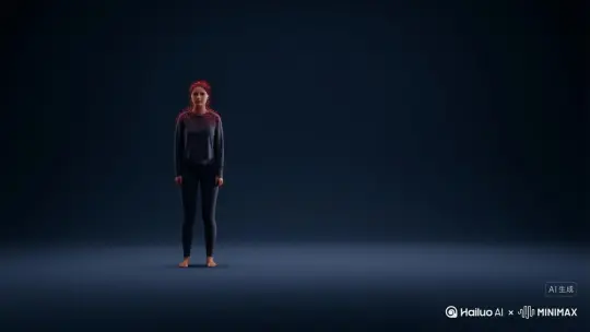 人物变成无数红色颗粒消失在视频中，向右吹走，原比例 by Hailuo AI Video Generator