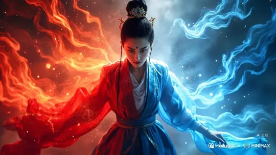 红蓝光带流动环绕，衣袖飘带轻柔扬起，背景粒子散落，仙侠美女动效，缓慢优雅 by Hailuo AI Video Generator