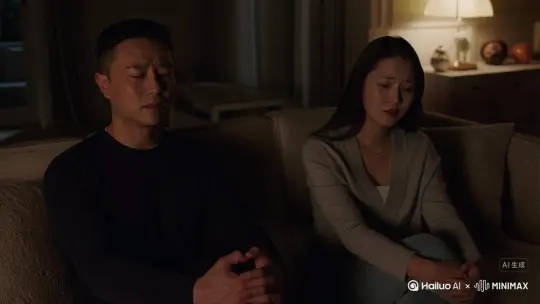 \中国40岁俊男和美女因感情纠结坐在沙发上各自神伤，突出场景真实，人物痛苦纠结的表情及全人物肢体动作，显现一个灯光下难熬的夜晚！[右移,左摇,跟随][右移,左摇,跟随][下降,上摇] by Hailuo AI Video Generator