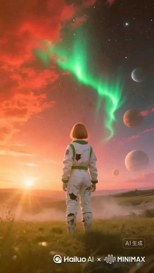 人物仰望天空握紧拳头，身体边缘突然细长红色电光波动，身旁空气迅速扭曲压缩，女生身体聚集收缩成1个橙色小光点悬浮空中向远处天空高速飞去消失不见了，地面向上扬起了一阵轻微的尘土带着少许红电光飘散开。天上极光缓缓舞动，地面雾气升腾。镜头缓缓前推。 by Hailuo AI Video Generator