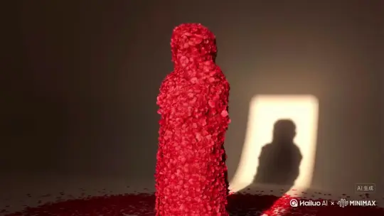 帮我生成一个视频：让图片中的场景动起来，人物变成碎裂成鲜红的玫瑰花瓣。她的身形不断消散，一片片地，直到最后只剩下漂浮的尘埃，在阳光中渐渐淡去。在整个过程中，阴影和光线必须保持完全不变。鲜红色的颗粒缓缓飘动，既不发光也不反光。确保碎裂过程看起来平滑自然，颗粒的大小和飘动方向保持一致，且无扭曲。 by Hailuo AI Video Generator