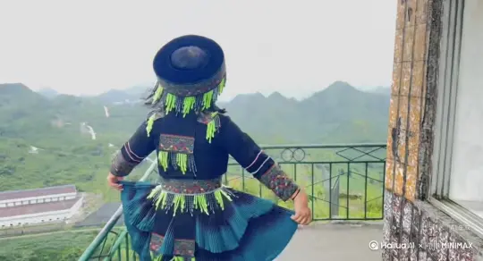让图片中的场景动起来，人物变成无数红色花朵颗粒消失在视频中，向右吹走，原比例。时长5秒 by Hailuo AI Video Generator