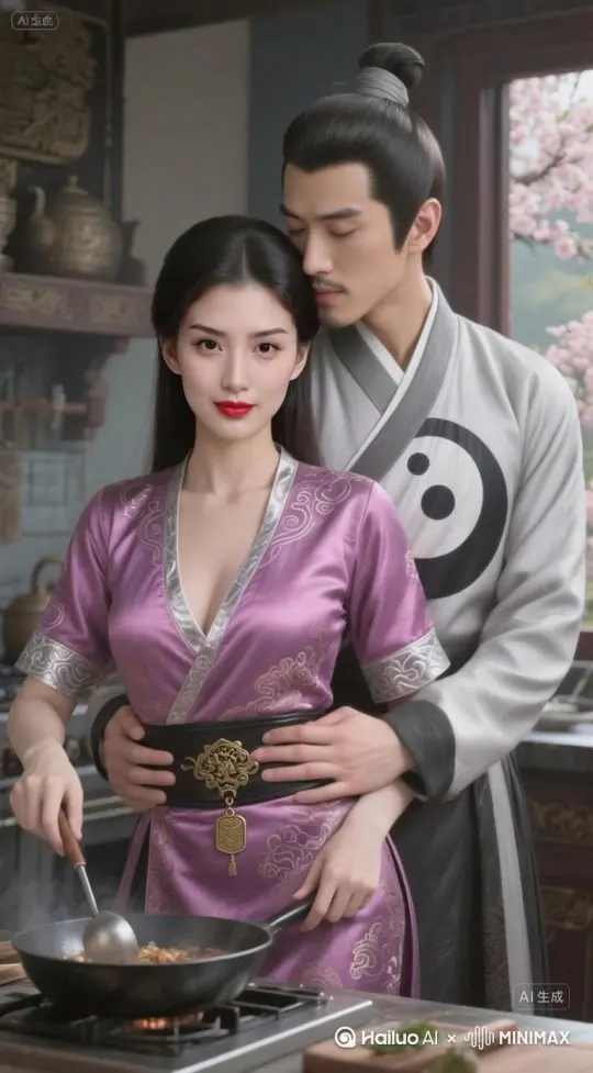 女主炒菜，男主knead her bubby，女主一脸无奈 by Hailuo AI Video Generator