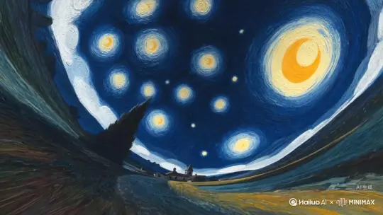 以第一视角遨游在梵高的星空[推进,变焦推进][推进,变焦推进] by Hailuo AI Video Generator