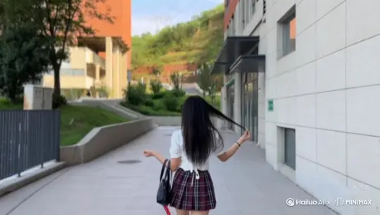 帮我生成一个视频：让图片中的场景动起来，人物变成无数红色颗粒消失在视频中，向右吹 by Hailuo AI Video Generator