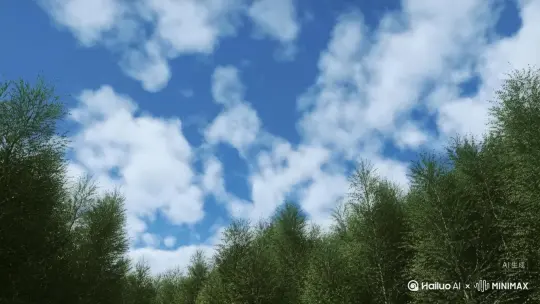 舒缓的音乐中，镜头从一片湛蓝的天空缓缓下移，掠过洁白如棉的云朵。接着，以平稳的速度滑向一片宁静的森林，穿梭在郁郁葱葱的树木间，光影斑驳。

来到森林深处，镜头贴近地面，聚焦在一丛绽放的野花上，花瓣上的露珠晶莹剔透。随后镜头上扬，展现森林中的一条清澈小溪，顺着水流方向移动，看着溪水潺潺流淌，水底的石头和游动的小鱼清晰可见。

镜头再缓缓拉远，从森林上方俯瞰，翠绿的森林与蜿蜒的溪流构成一幅绝美画卷，最终镜头渐渐模糊虚化 by Hailuo AI Video Generator