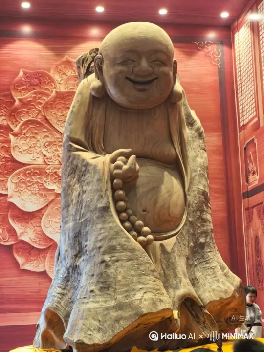 大佛像全身化作金色沙粒向右边飘散，直到完全消散。 by Hailuo AI Video Generator