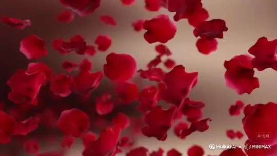 玫瑰花飘落。[推出,上升,下摇] by Hailuo AI Video Generator