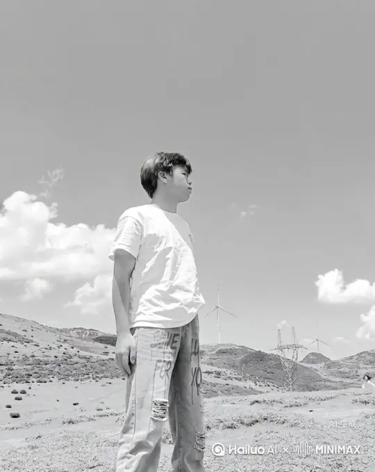 帮我生成一个视频：让图片中的场景动起来，人物变成无数红色颗粒消失在视频中，向右吹 by Hailuo AI Video Generator