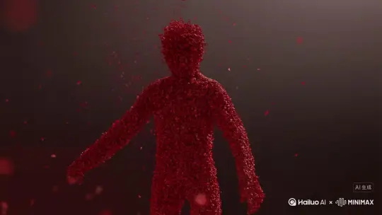 主体人物身上变出一大团微小深红色花瓣，花瓣向外爆炸式扩散主体人物身体，随之从四肢开始逐渐瓦解，化作无数红色粒子轻盈飘散，最终人物完全消失在漫天飞舞的花瓣中，人物完全消失 by Hailuo AI Video Generator