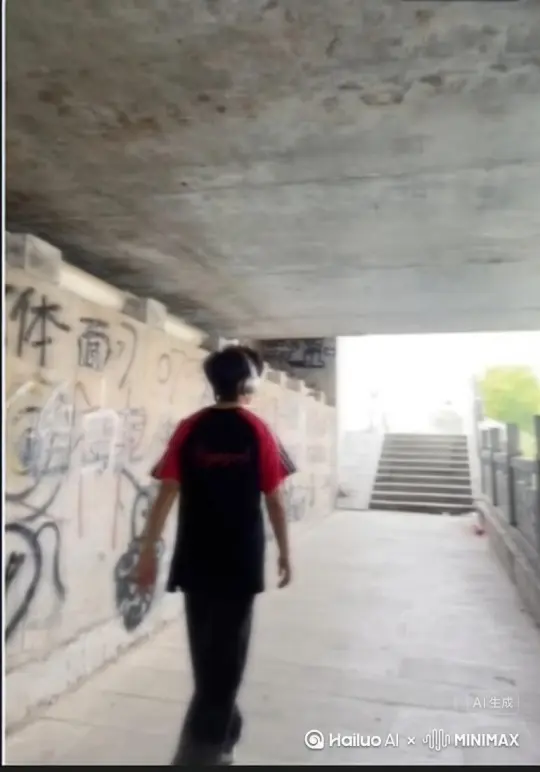 帮我生成一个视频：让图片中的场景动起来，人物变成无数灰色颗粒消失在视频中，向右吹走，原比例。比例 16:9，时长 5s，模型 高品质 by Hailuo AI Video Generator