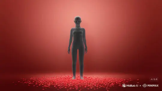 帮我生成一个视频，让图片中的场景动起来，人物变成无数红色花瓣颗粒消失在视频中从入向上吹走。原比例原色彩保持不变 by Hailuo AI Video Generator