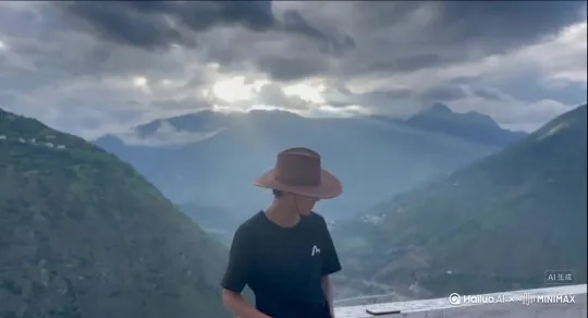 帮我生成一个视频:让图片中的场景动起来，人物变成无数玫瑰花朵尘消失在视频中，向右缓慢吹吹走，(沙尘数量在人物慢慢中涌出，然后消失)原比例。模型 高品质[右移，左摇，跟随][右移,左摇,跟随] by Hailuo AI Video Generator