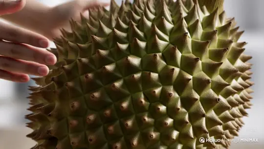 画面中，一双手正在挤压一个巨大的榴莲。在榴莲爆炸的瞬间，许多红宝石、蓝宝石、黄金和钻石从榴莲体内喷射而出。模糊背景，将注意力集中在手掌和榴莲上。 by Hailuo AI Video Generator