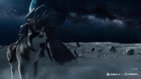 [左移,推进,右摇]高清视频，精品制作
科幻题材，环境月球，异形骑着哈士奇大战克苏鲁，惊险刺激，最后异形和克苏鲁同归于尽，最后视角切到哈士奇，远景全身，身后月球爆炸，哈士奇骑着火箭带着墨镜叼着烟远离月球 by Hailuo AI Video Generator