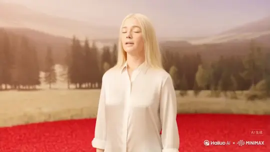海螺AI:帮我生成一个视频:让图片中的场景动起来，人物变成无数红色花朵颗粒消失在视频中，向右吹走，原比例。比例16:9，时长 5s，模型 高品质[右移,左摇,跟随]生成 by Hailuo AI Video Generator