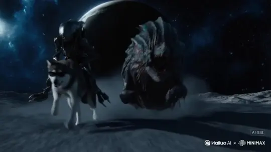 高清视频，精品制作
科幻题材，环境月球，异形骑着哈士奇大战克苏鲁，惊险刺激，最后异形和克苏鲁同归于尽，最后视角切到哈士奇，远景全身，身后月球爆炸，哈士奇骑着火箭带着墨镜叼着烟远离月球 by Hailuo AI Video Generator