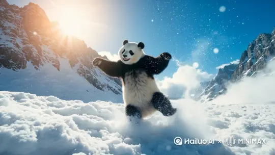 戴着太阳镜的毛茸茸的熊猫在日出时的雪山顶上跳舞，左移运镜 by Hailuo AI Video Generator