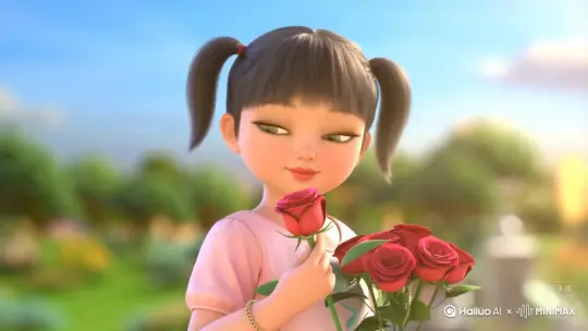 女孩扎着高马尾拿着玫瑰花在白天，闻了闻鲜花后，转场在黑夜。女孩抱着鲜花，穿着黑色衣服披着头，变成玫瑰花瓣消散[右移,左摇,跟随] by Hailuo AI Video Generator