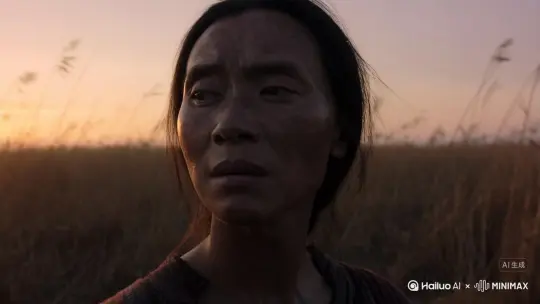 分镜1.破碎的眼神看着黄昏的远方，周围枯萎的芦草丛有风吹过，镜头由近到远，充满沧桑感 by Hailuo AI Video Generator